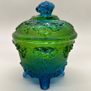 MCM Jeanette Blue Green Footed Covered Candy Bowl Grapes Motif